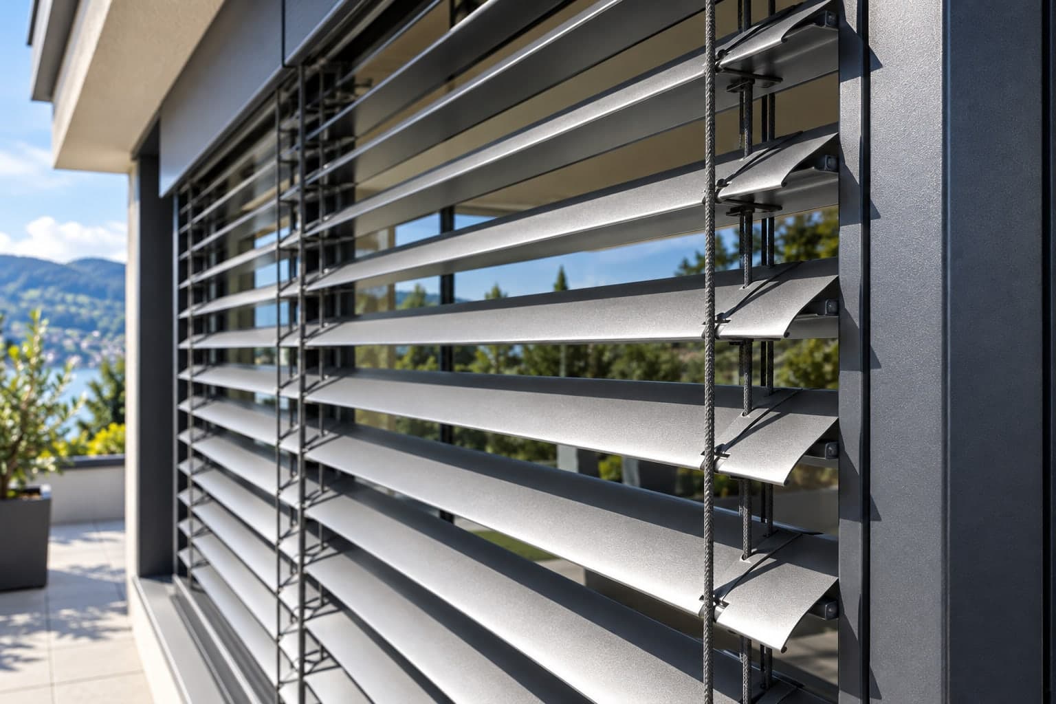 Detailansicht einer Lamellenstore mit verstellbaren Aluminiumlamellen