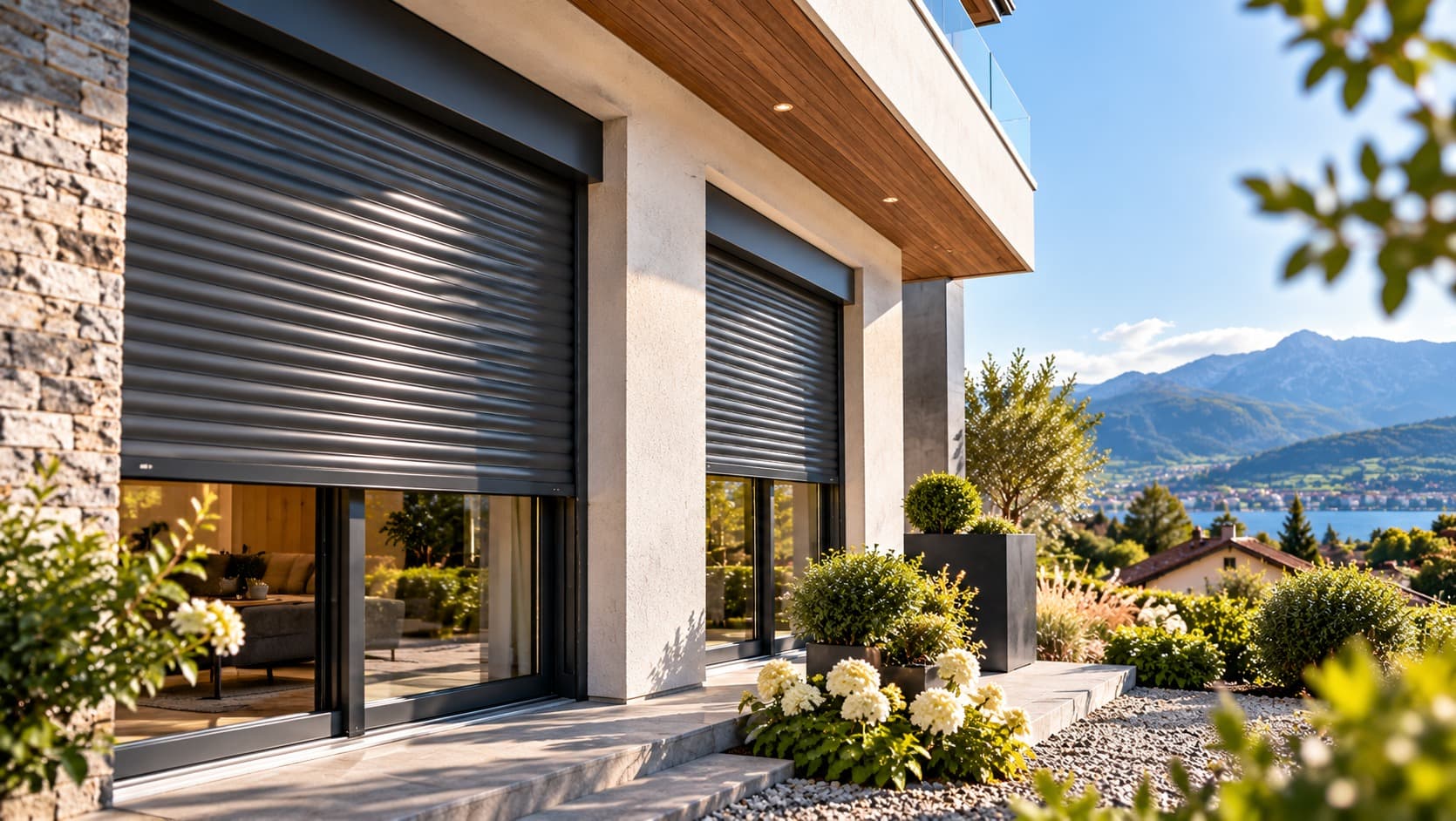 Moderne Hausfassade mit Natursteinwand und anthrazitfarbenen Rollläden vor grossen Fenstertüren