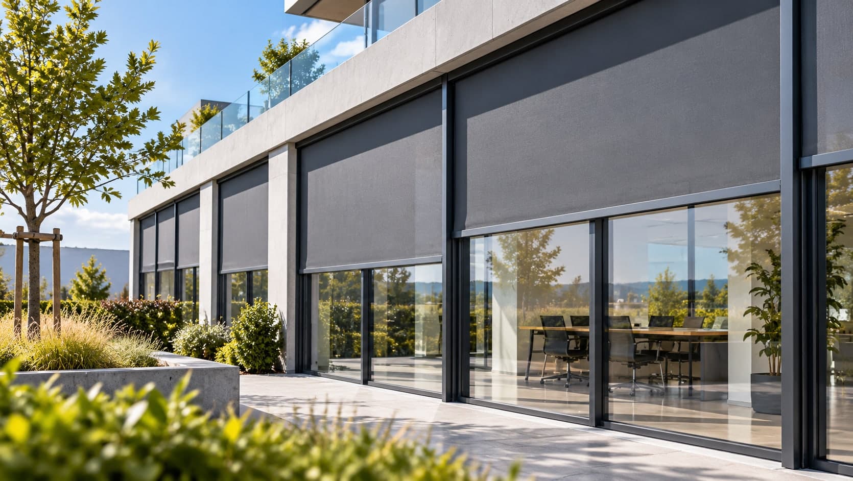 Moderne Glasfassade mit aussenliegenden ZIP-Screens