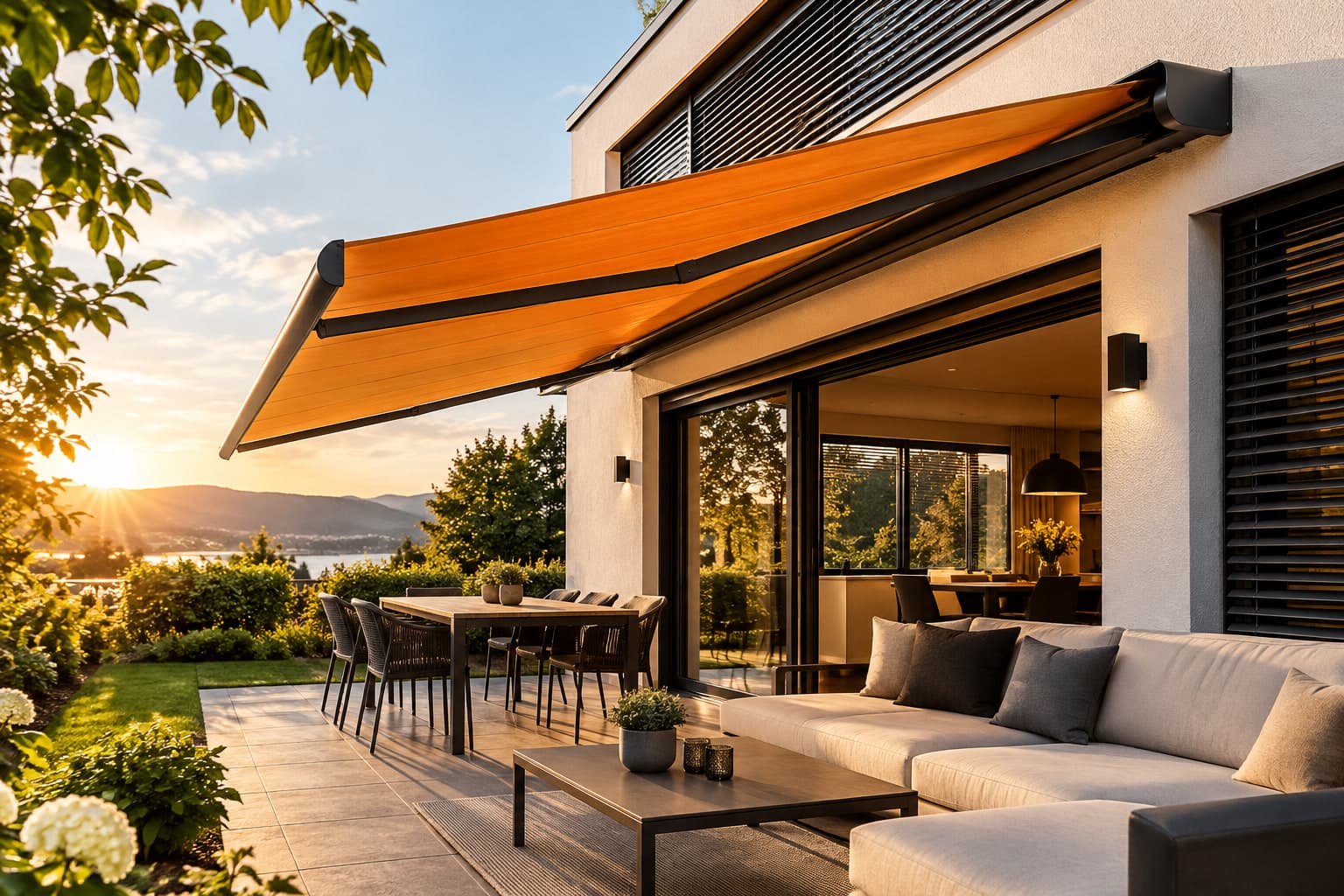 Moderne Terrasse mit ausgefahrener orangefarbener Sonnenstore