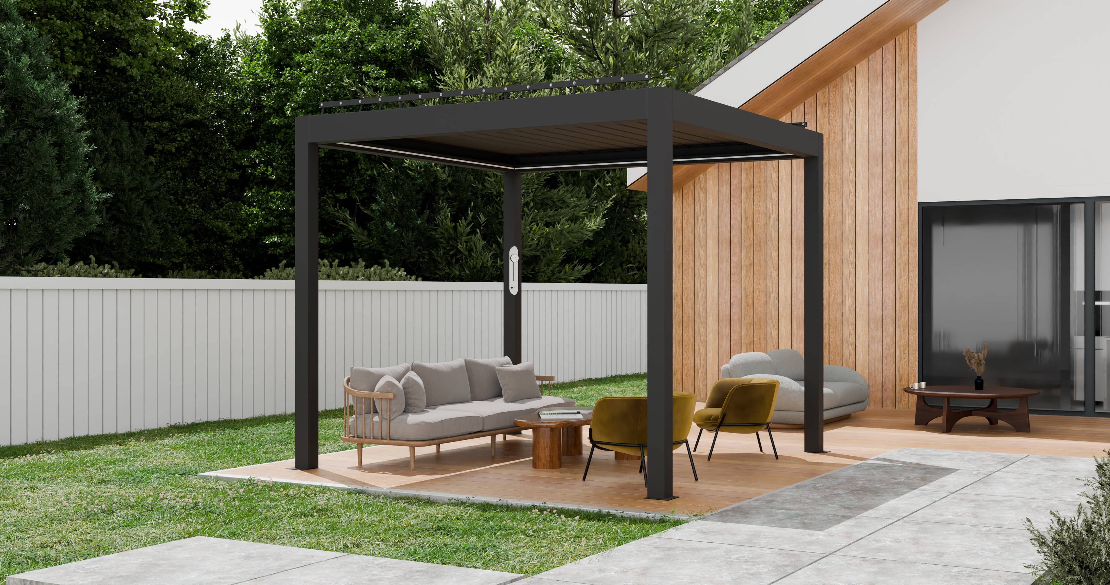 König Pergola mit verstellbarem Lamellendach auf einer modernen Terrasse